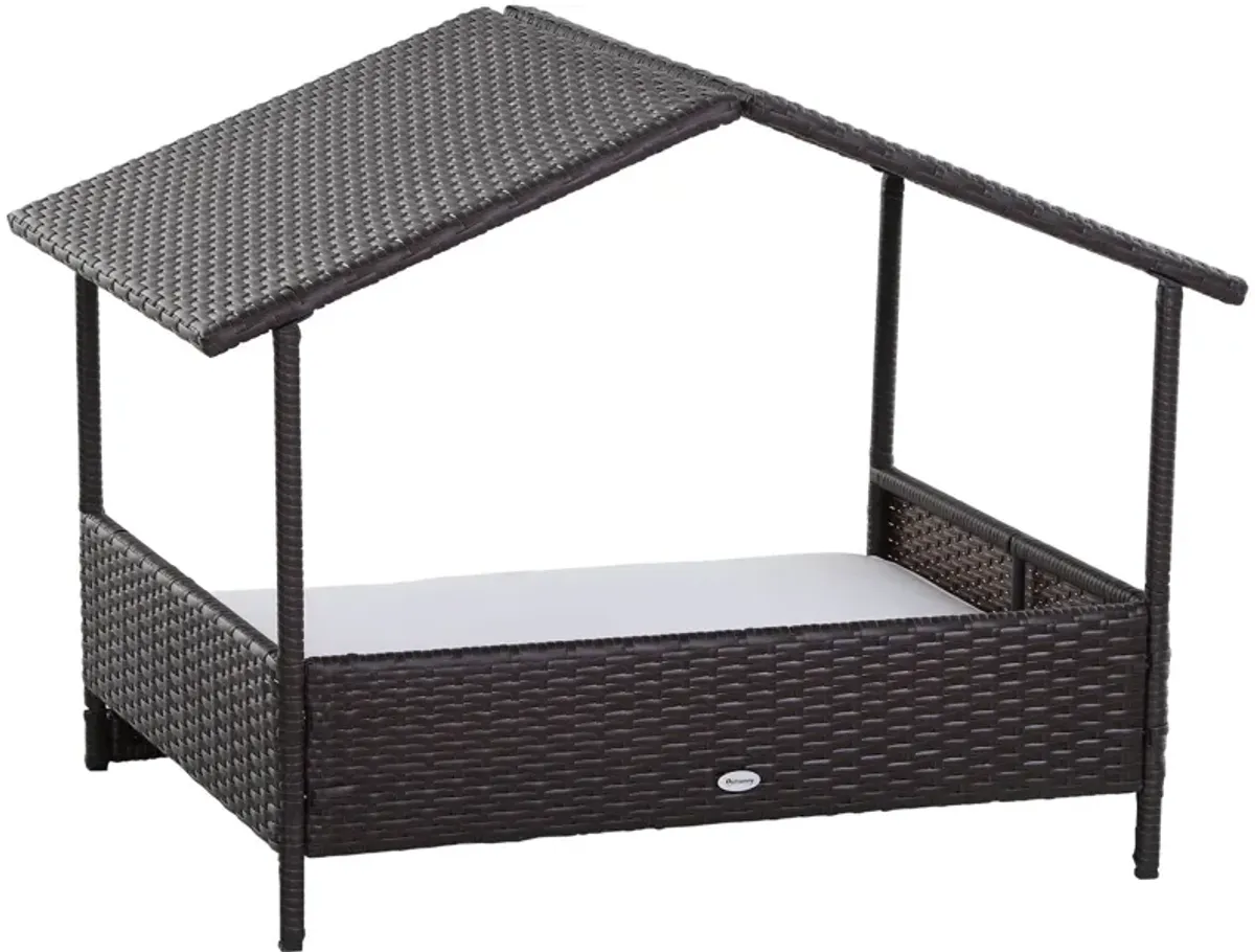 Cream Pet Paradise: Wicker Elevated Dog Bed with Rattan Canopy