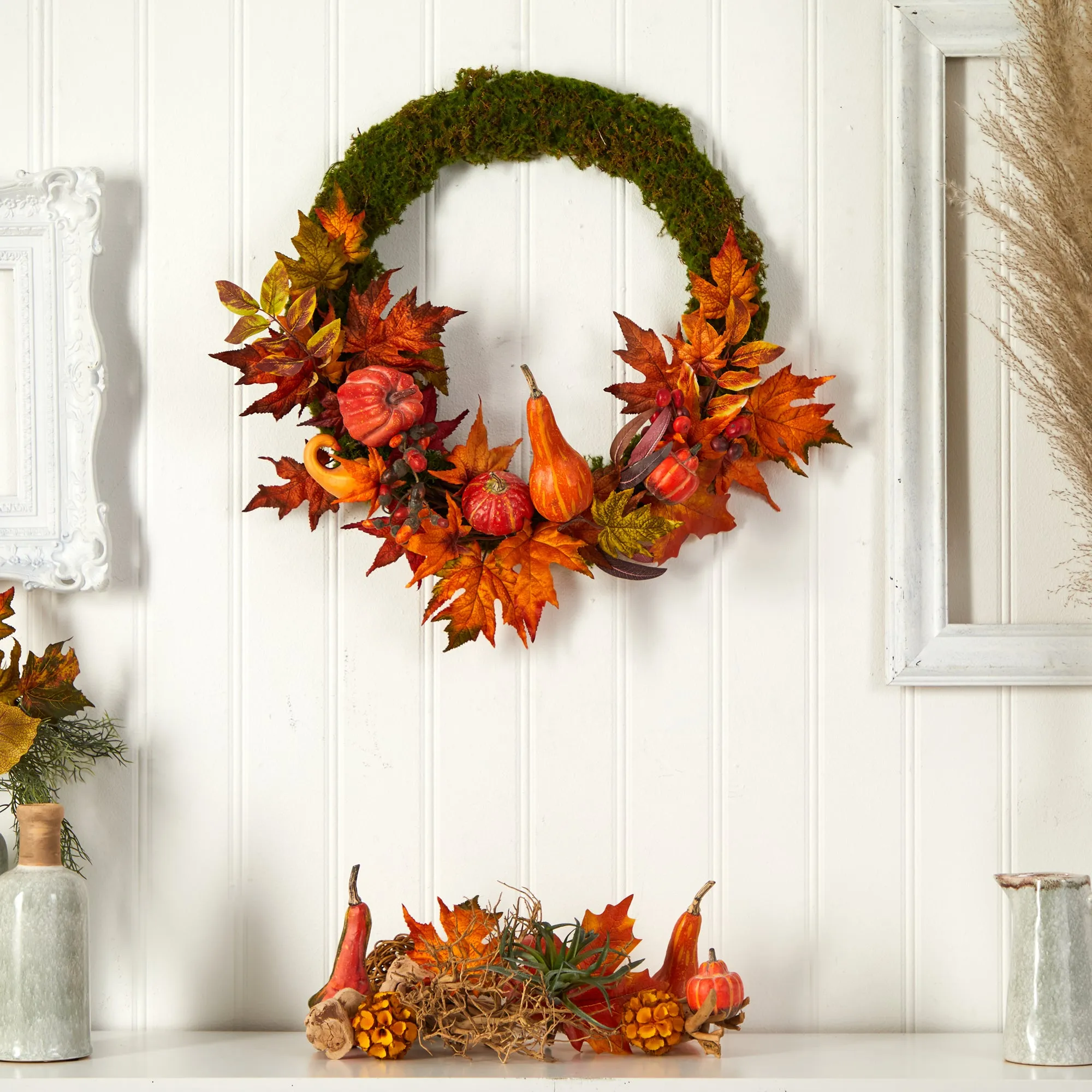 HomPlanti 20" Autumn Pumpkin, Gourd and Fall Maple Leaf Artificial Wreath