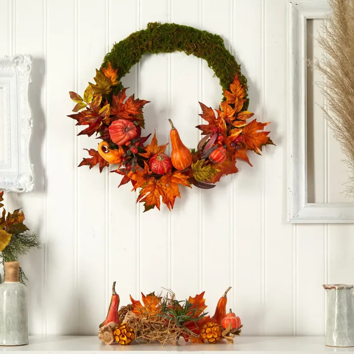 Hivvago 20" Autumn Pumpkin, Gourd and Fall Maple Leaf Artificial Wreath