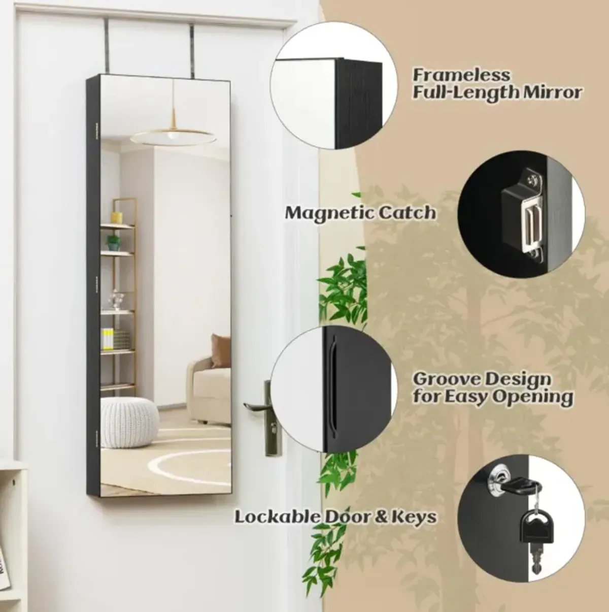 Hivvago Wall Mounted Jewelry Cabinet with Full-Length Mirror