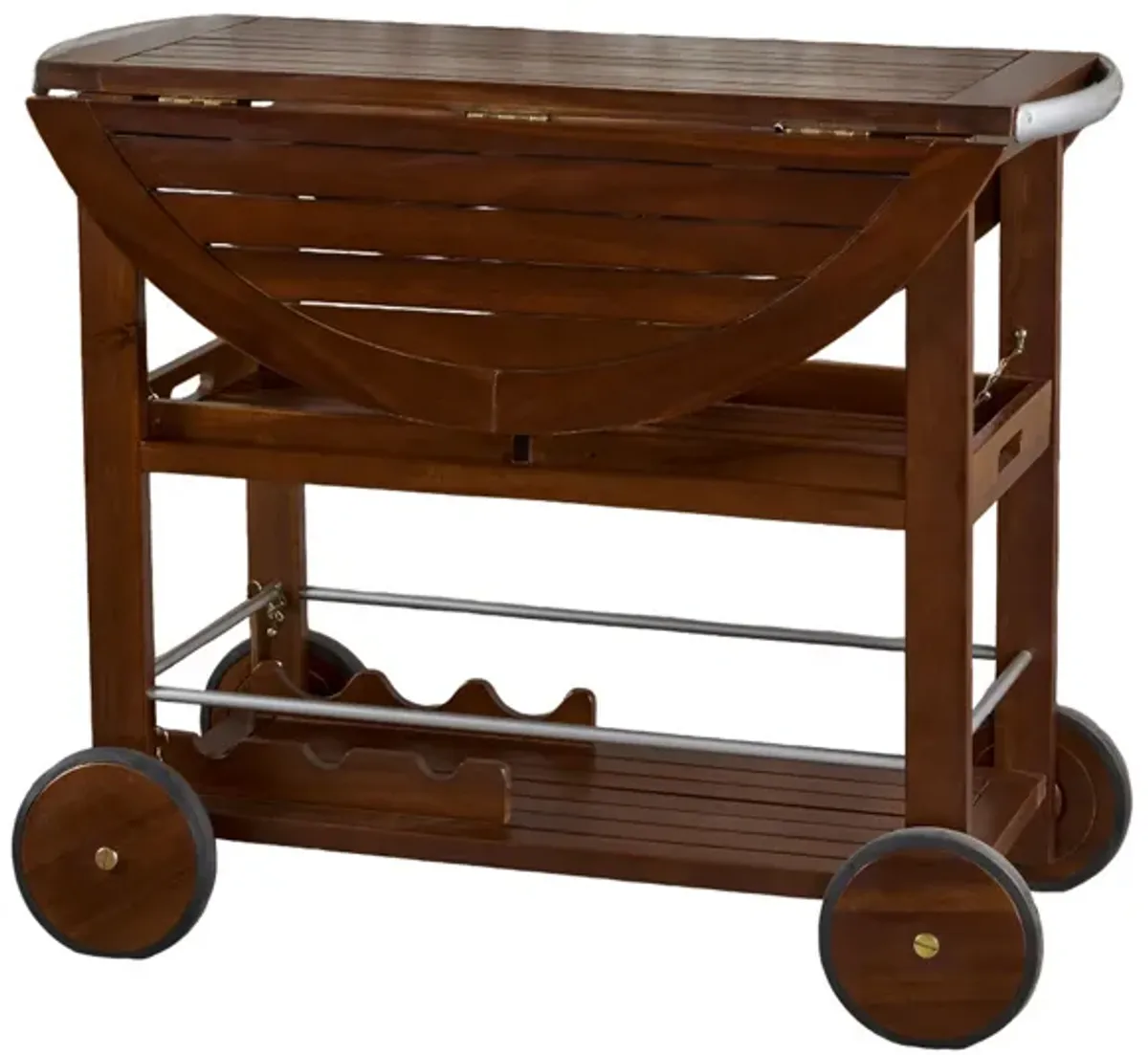 Rolling Bar Cart, 36 Inch Rectangular, 3 Tier, Oak Brown Wood, Silver - Benzara