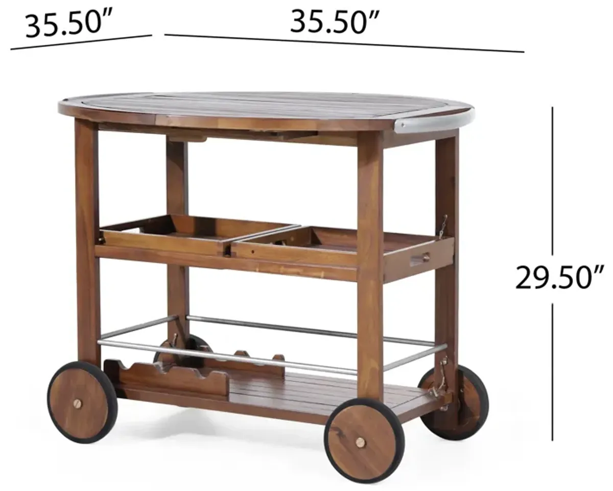 Rolling Bar Cart, 36 Inch Rectangular, 3 Tier, Oak Brown Wood, Silver - Benzara