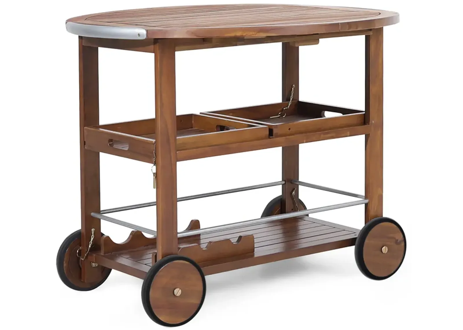 Rolling Bar Cart, 36 Inch Rectangular, 3 Tier, Oak Brown Wood, Silver - Benzara