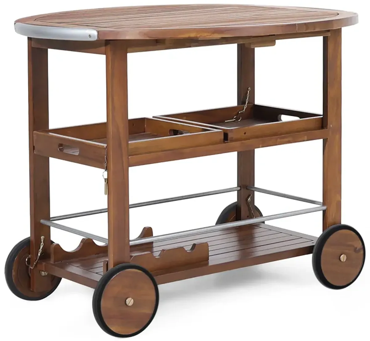 Rolling Bar Cart, 36 Inch Rectangular, 3 Tier, Oak Brown Wood, Silver - Benzara