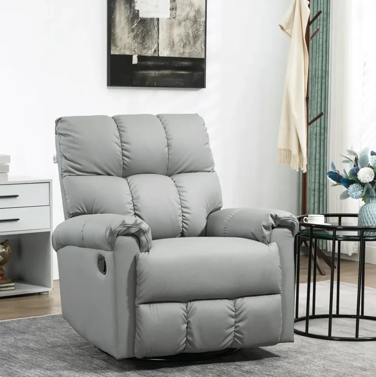 Gray Faux Leather Recliner: 360° Swivel, Footrest