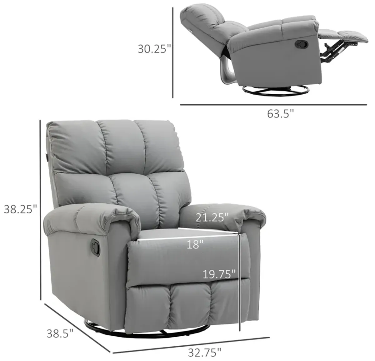 Gray Faux Leather Recliner: 360° Swivel, Footrest