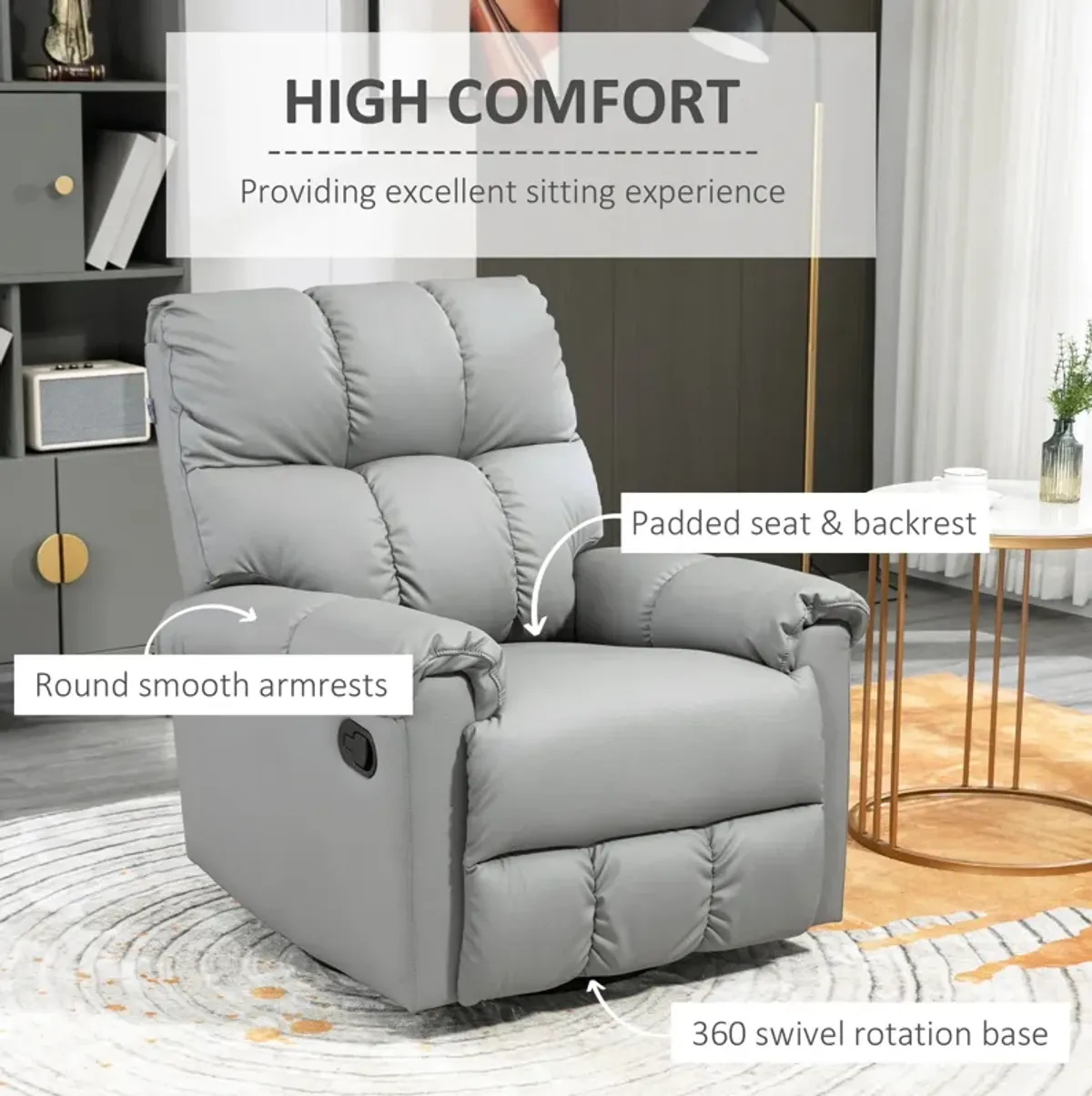 Gray Faux Leather Recliner: 360° Swivel, Footrest