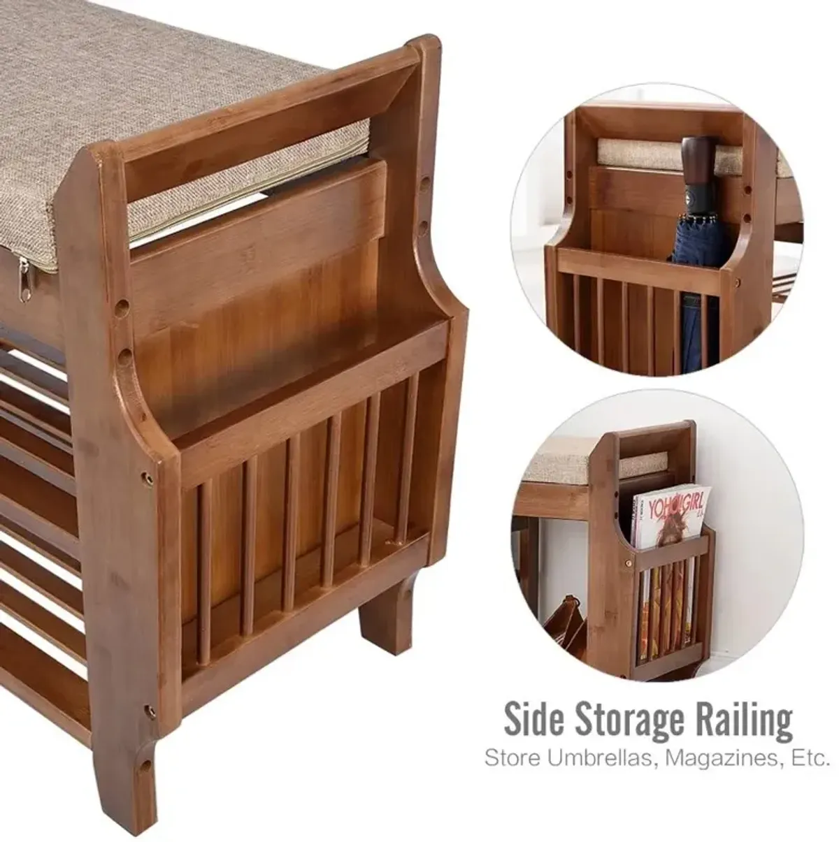 Hivvago Solid Wood Entryway Shoe Rack Storage Bench with Cushioned Seat 2 Shelves and Drawer