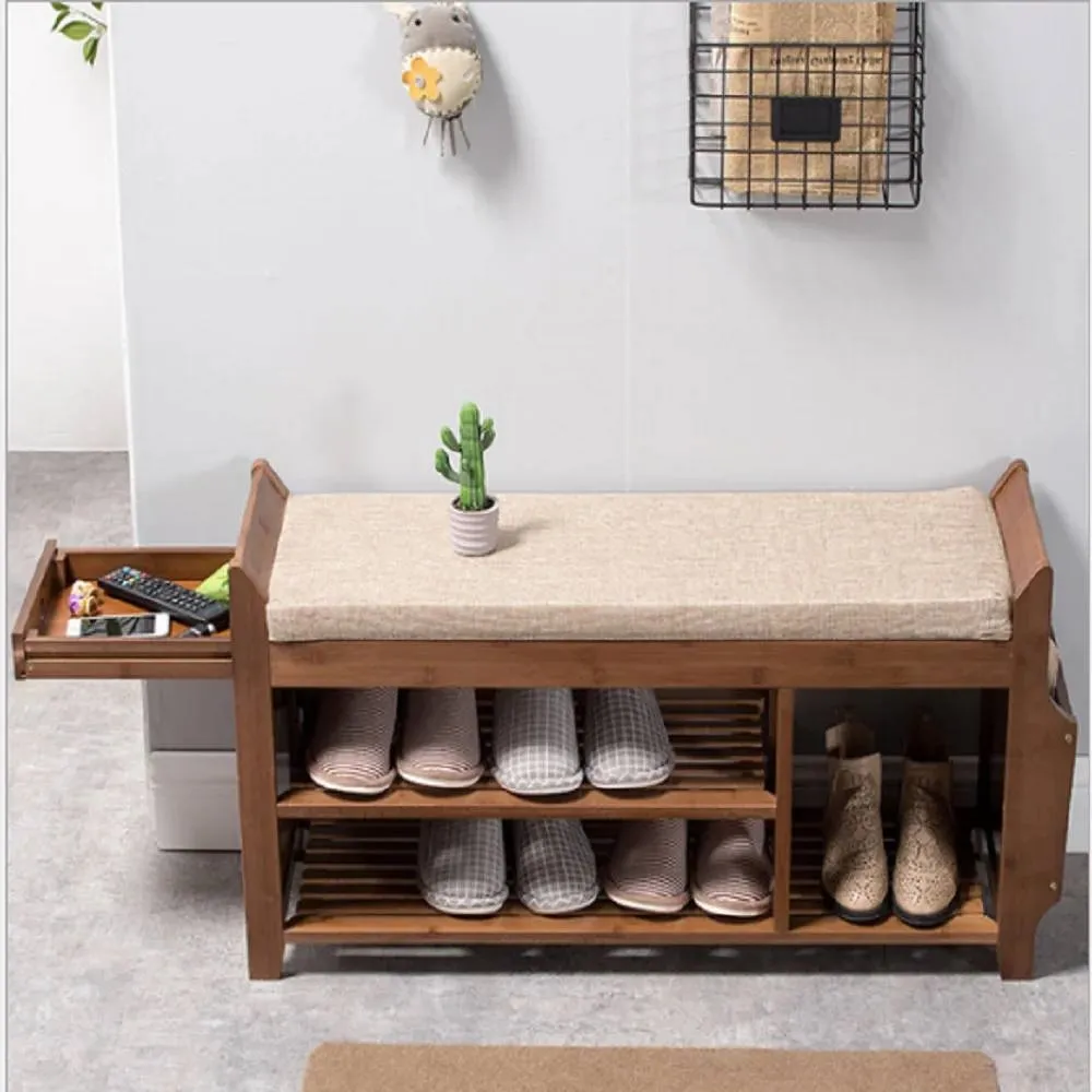 Hivvago Solid Wood Entryway Shoe Rack Storage Bench with Cushioned Seat 2 Shelves and Drawer