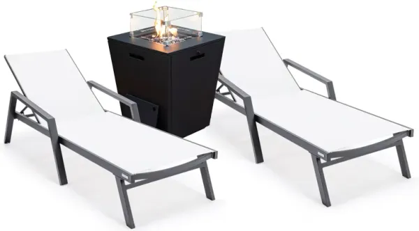 LeisureMod Marlin Black Aluminum Patio Chaise Lounge Chair with Arms Set of 2 & White Fire Pit Table
