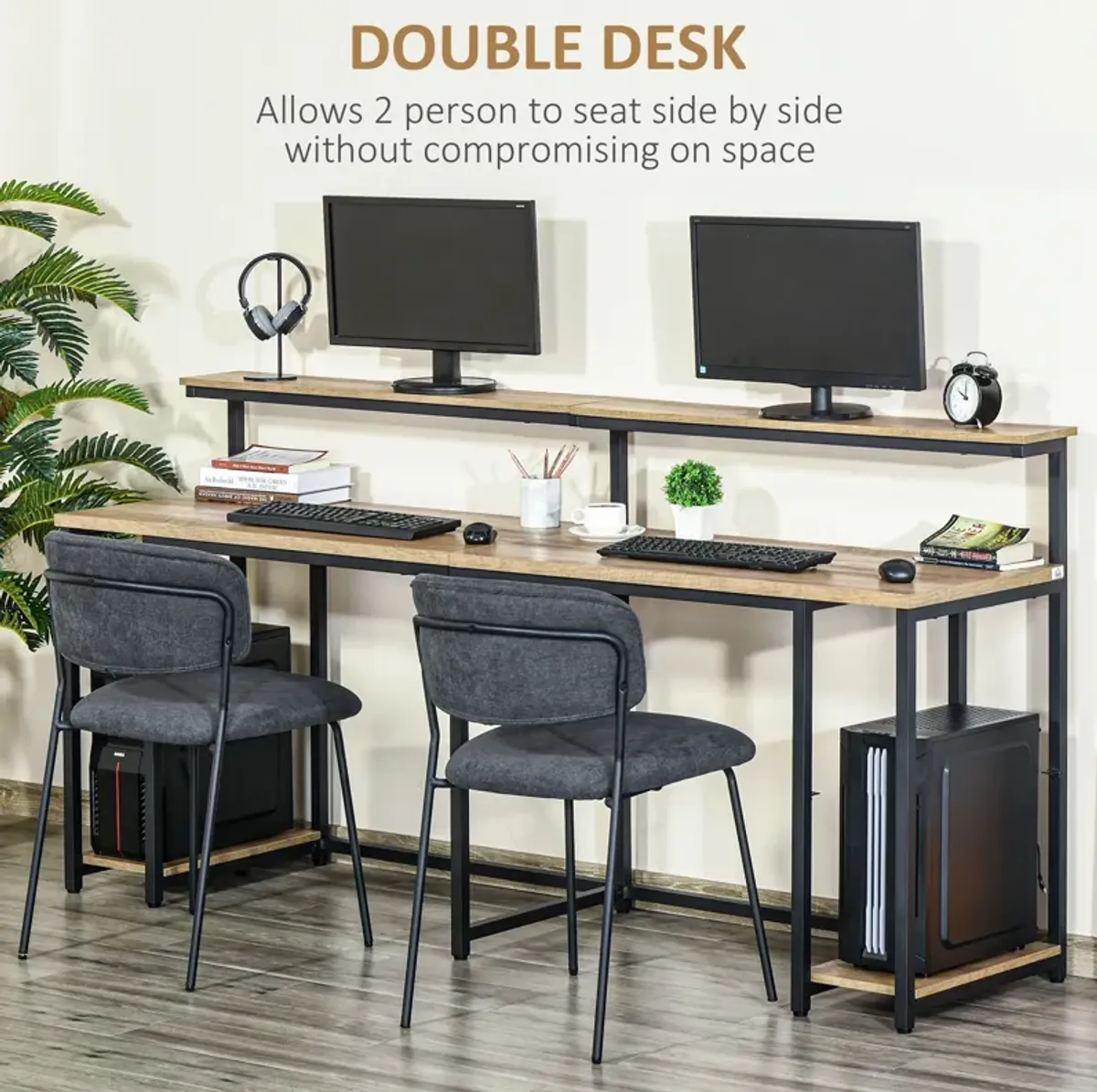 HOMCOM 78.75 Inches Double Computer Desk for Two Person, Extra Long Home Office Desk with Monitor Shelf and CPU Stand, Brown