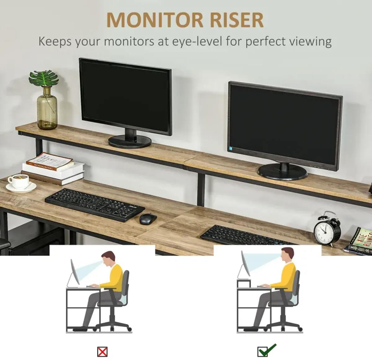 HOMCOM 78.75 Inches Double Computer Desk for Two Person, Extra Long Home Office Desk with Monitor Shelf and CPU Stand, Brown