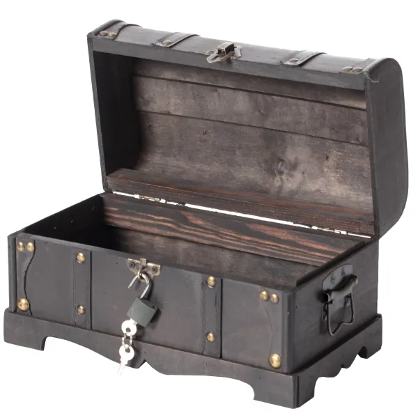 Small Pirate Style Wooden Treasure Chest with Small Vintage Padlock and Key