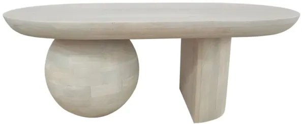 38 Inch Coffee Table, Oblong Mango Wood Top with a Modern Ball Leg, Washed White - Benzara