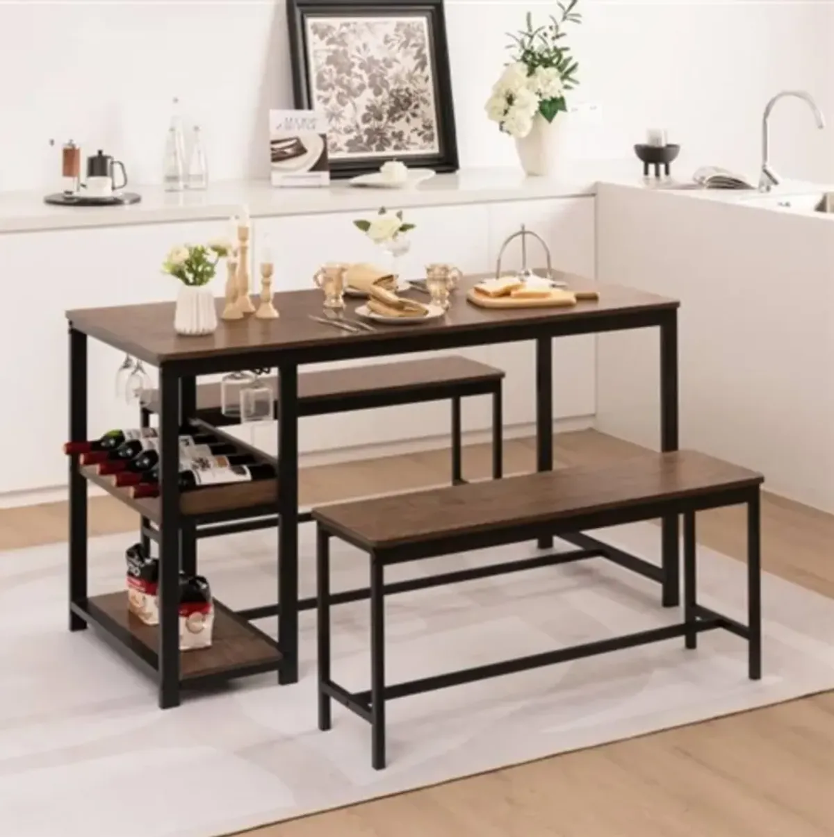 Hivvago Modern Industrial 3 Piece Metal Wood Dining Set with 2 Benches and Wine Rack