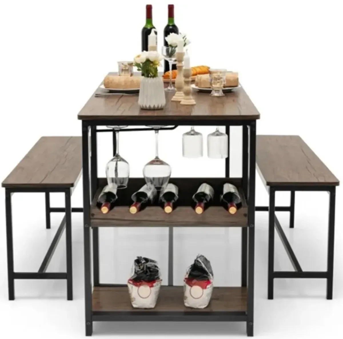 Hivvago Modern Industrial 3 Piece Metal Wood Dining Set with 2 Benches and Wine Rack