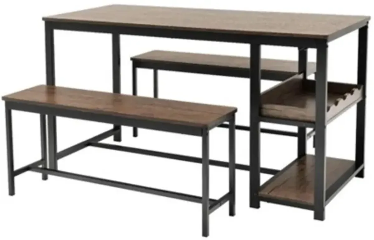 Hivvago Modern Industrial 3 Piece Metal Wood Dining Set with 2 Benches and Wine Rack