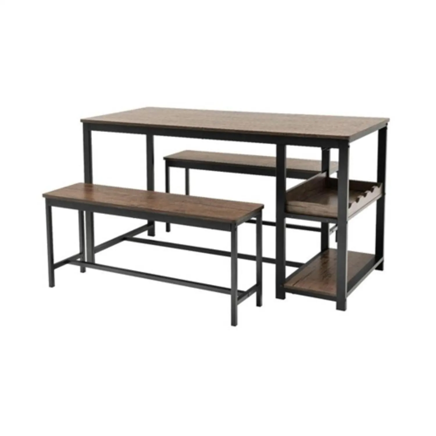 Hivvago Modern Industrial 3 Piece Metal Wood Dining Set with 2 Benches and Wine Rack