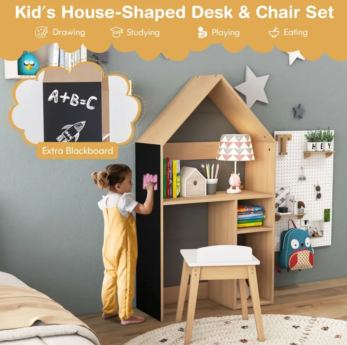 2-in-1 Kids House-Shaped Table and Chair Set-Grey