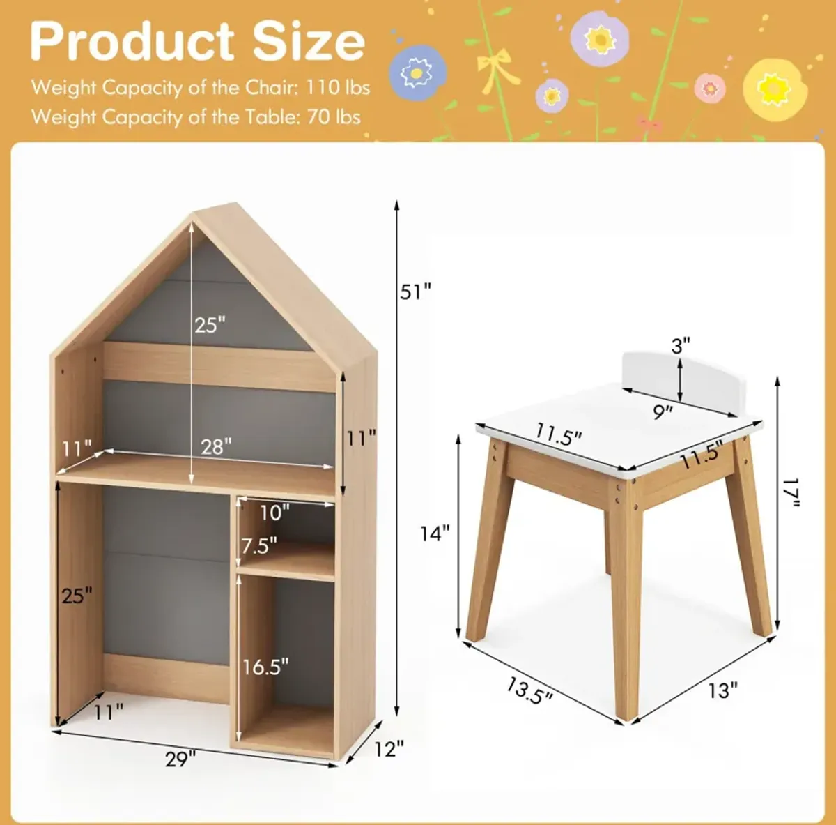 2-in-1 Kids House-Shaped Table and Chair Set-Grey