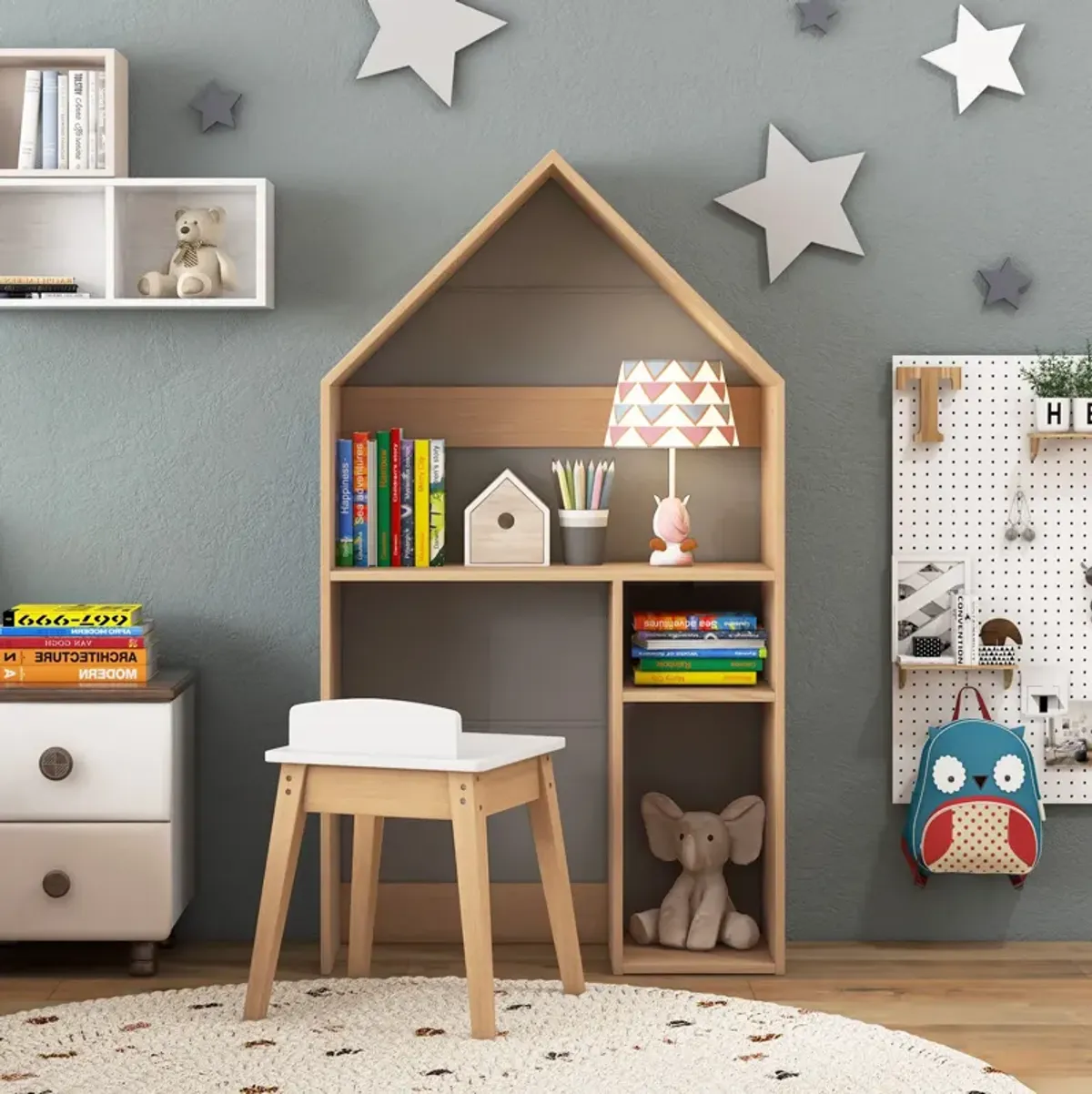 2-in-1 Kids House-Shaped Table and Chair Set-Grey