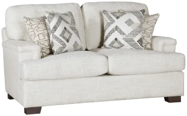 Osy Loveseat, 66 Inch, 4 Pillows, Soft Ivory Chenille, Solid Wood - Benzara