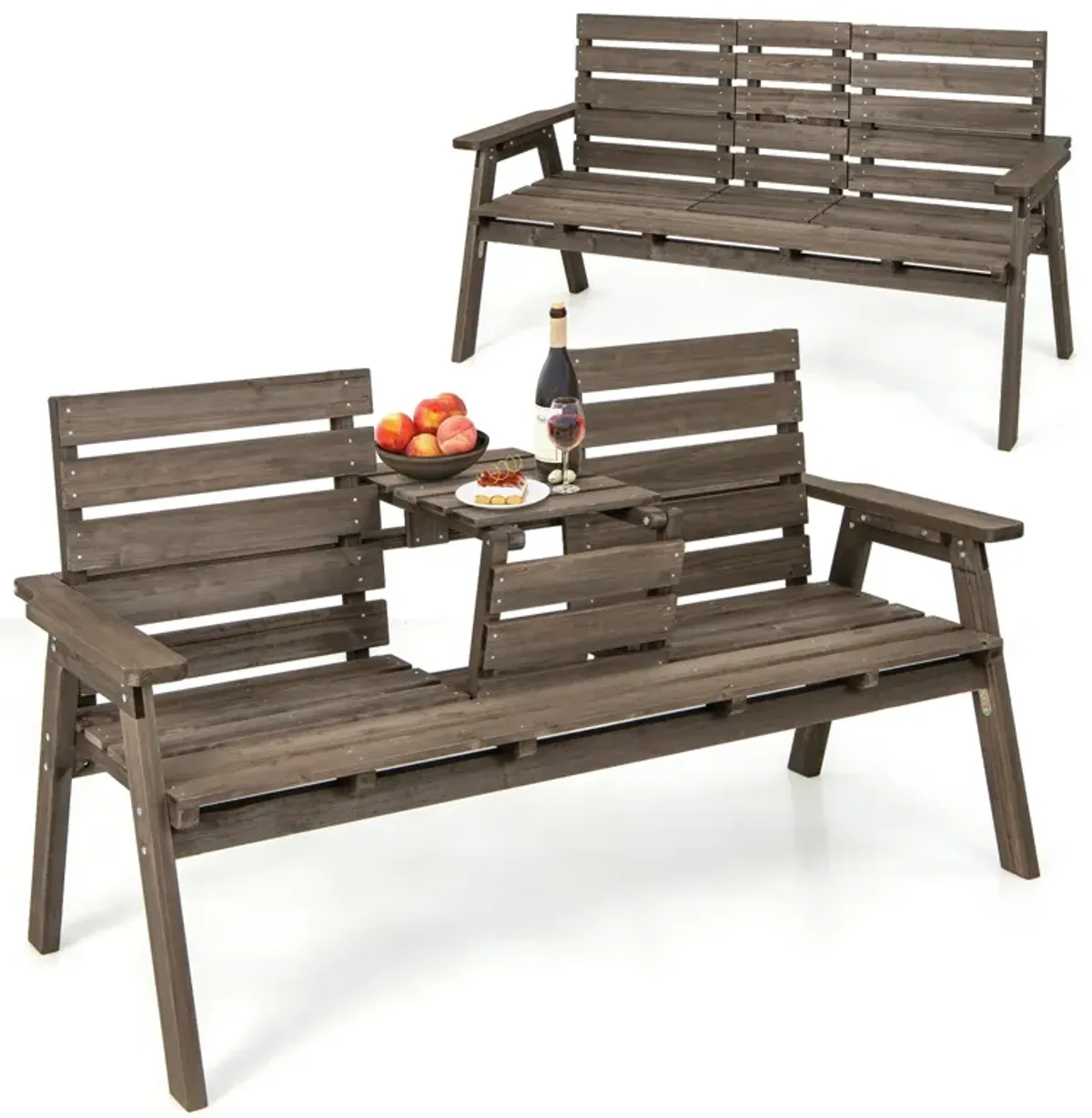 Outdoor Fir Wood Bench with Foldable Middle Table-Grey