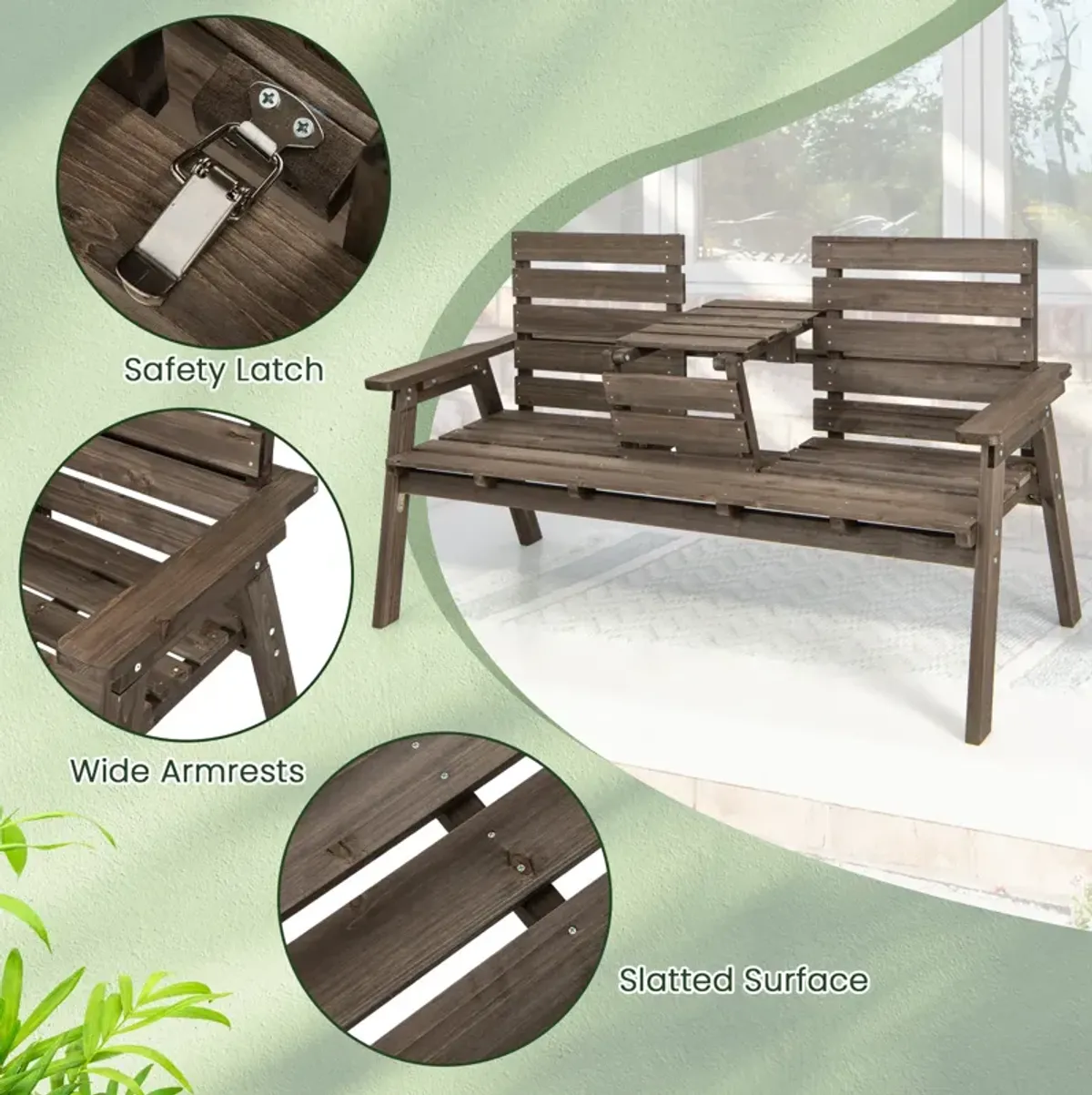 Outdoor Fir Wood Bench with Foldable Middle Table-Grey