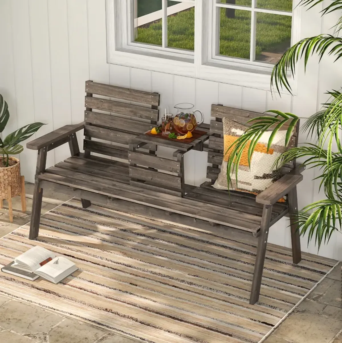 Outdoor Fir Wood Bench with Foldable Middle Table-Grey