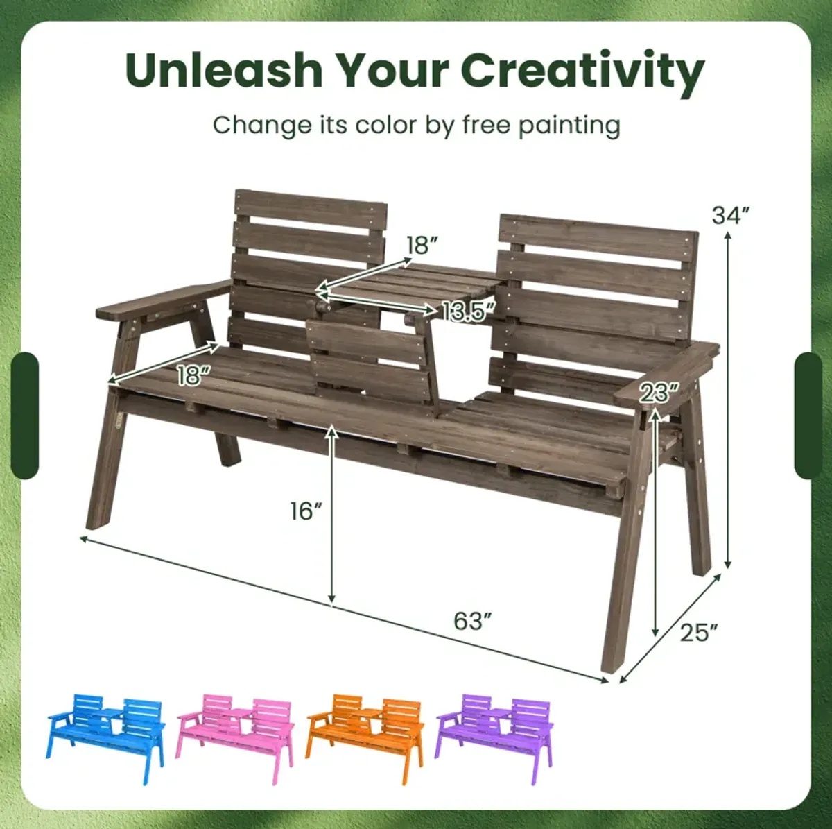 Outdoor Fir Wood Bench with Foldable Middle Table-Grey