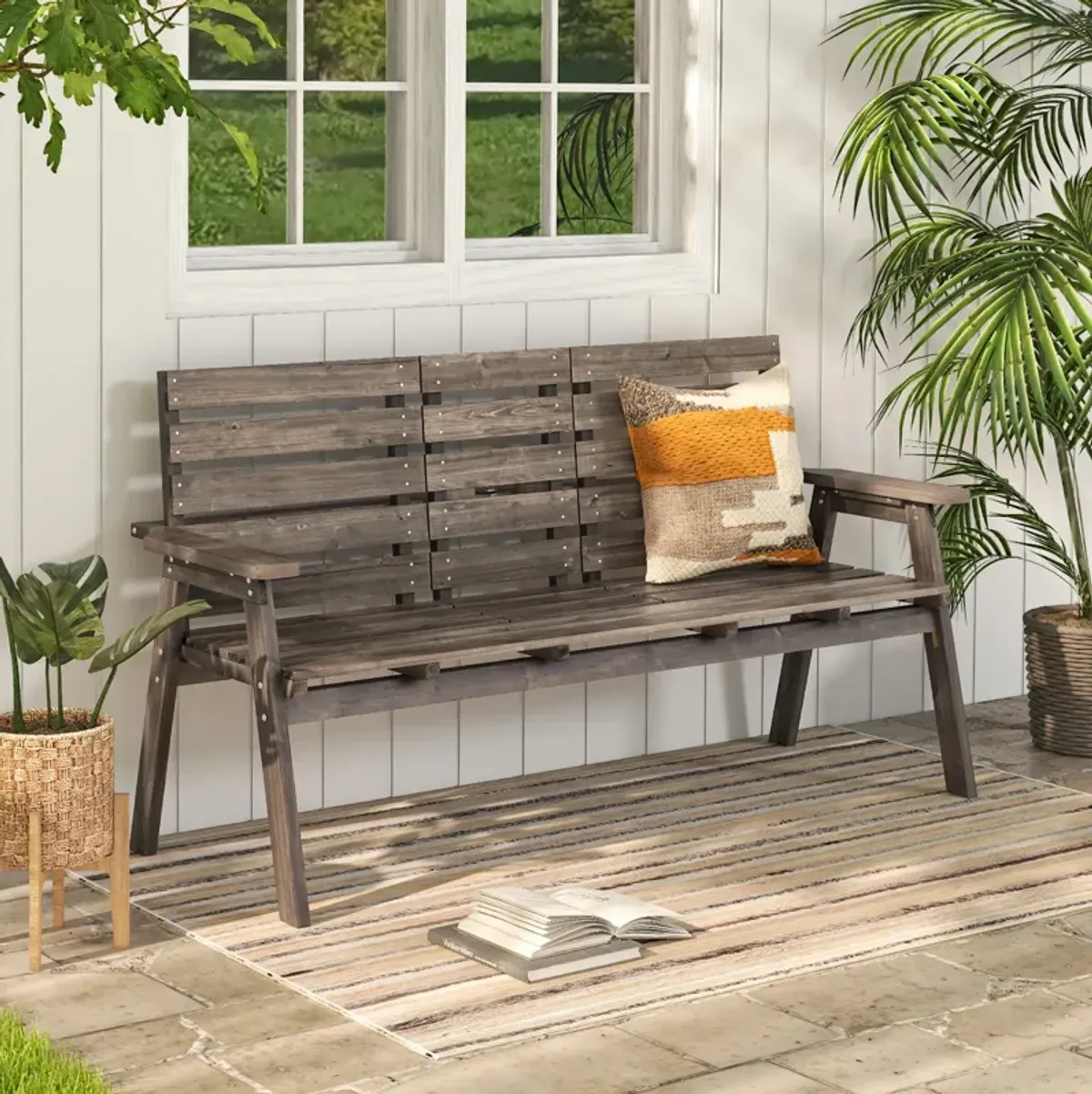 Outdoor Fir Wood Bench with Foldable Middle Table-Grey