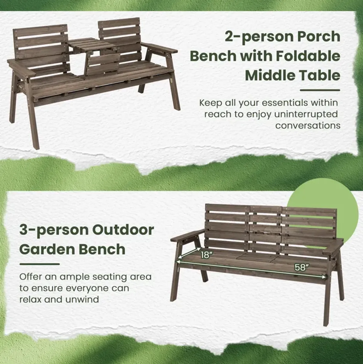 Outdoor Fir Wood Bench with Foldable Middle Table-Grey