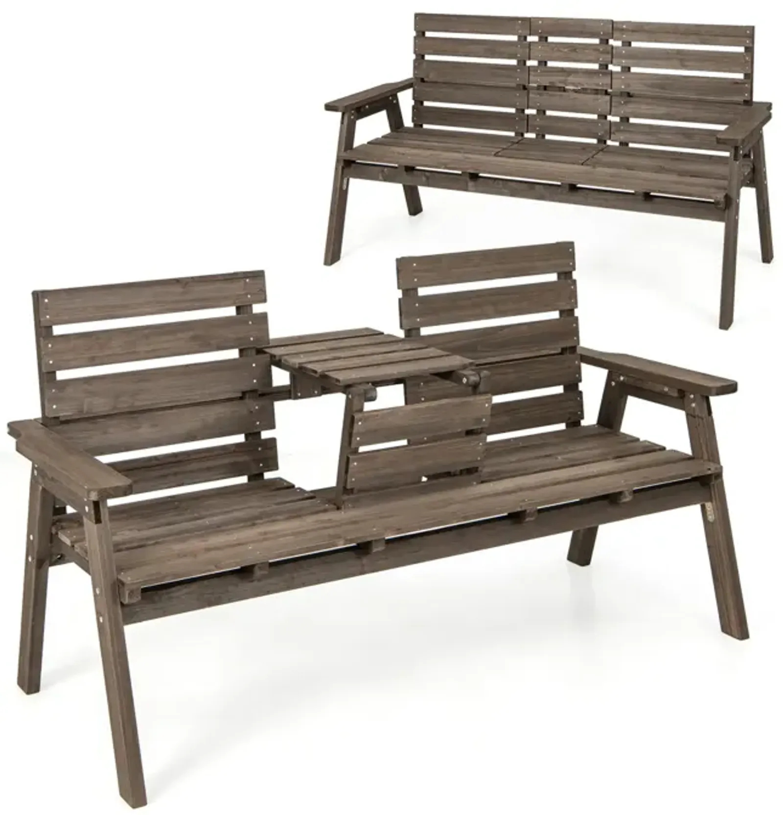 Outdoor Fir Wood Bench with Foldable Middle Table-Grey