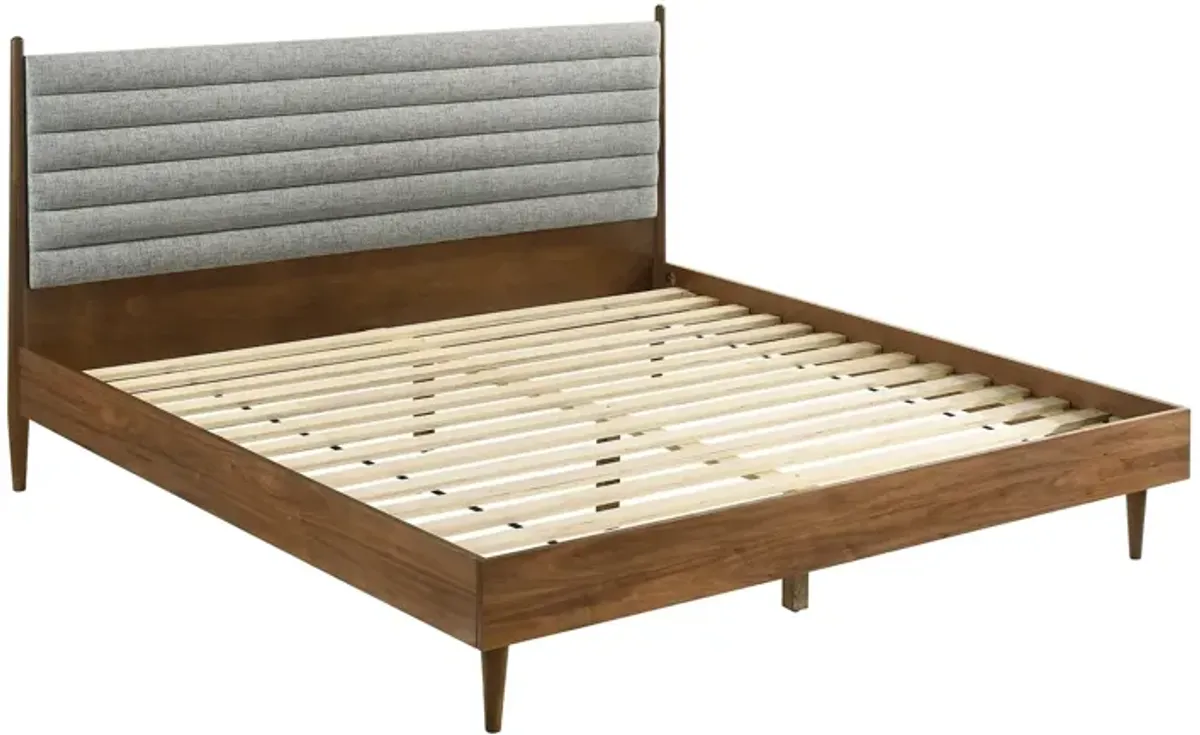 Benjara Mian King Platform Bed Frame, Channel Tufted, Walnut, Upholstery, Brown and Gray