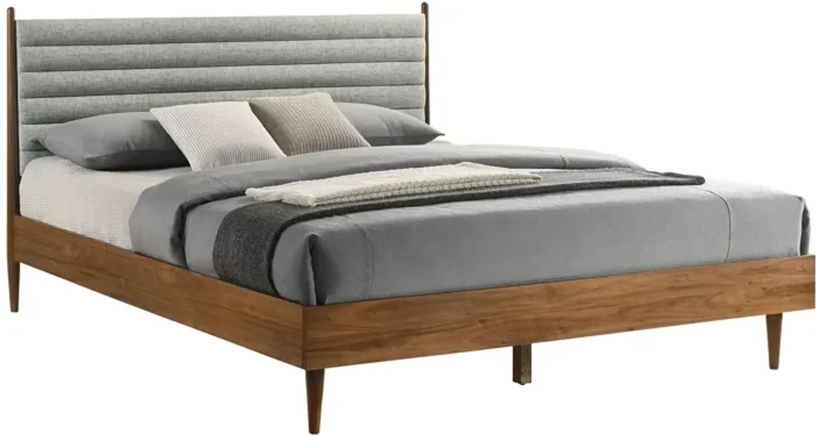 Benjara Mian King Platform Bed Frame, Channel Tufted, Walnut, Upholstery, Brown and Gray