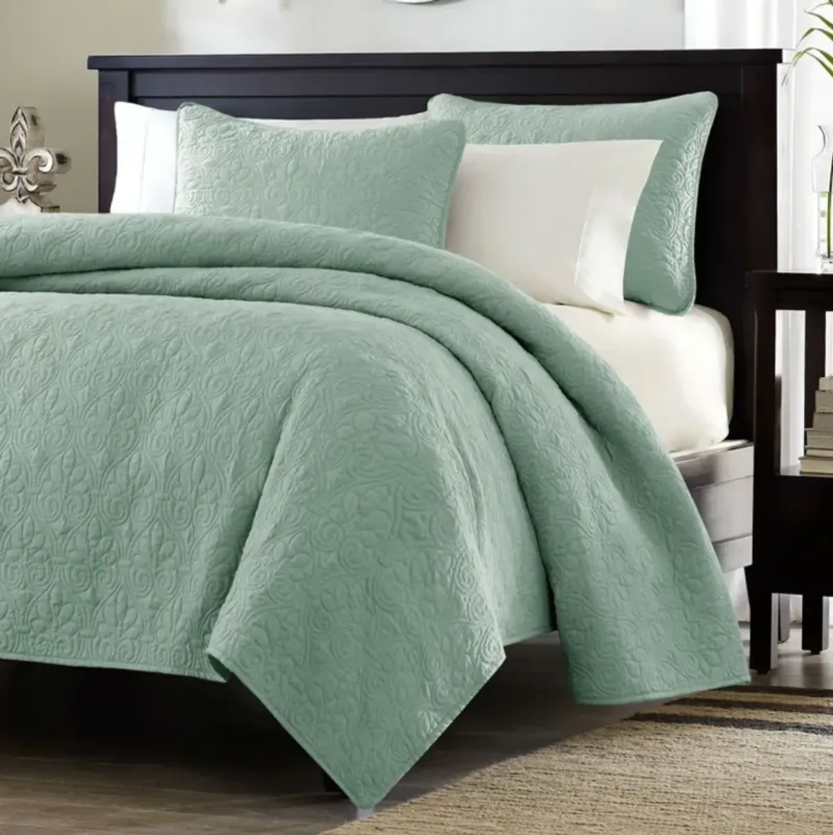 QuikFurn Full / Queen Seafoam Blue Green Quilted Coverlet Quilt Set with 2 Shams