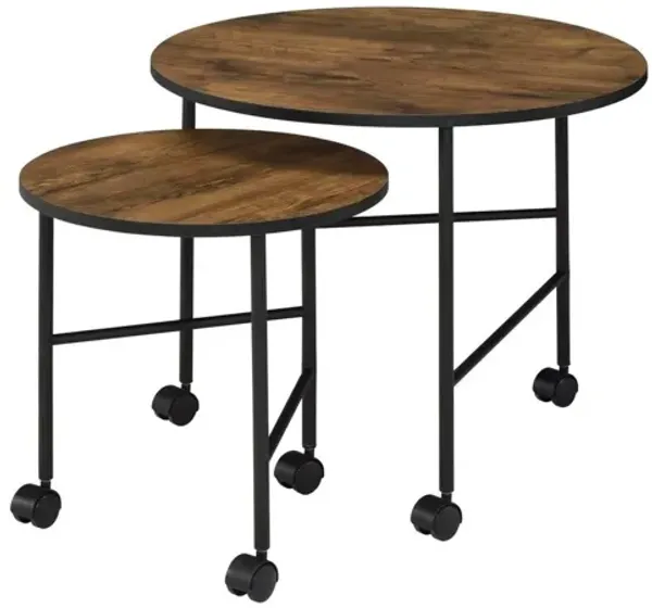 2 Piece Round Nesting End Table with Casters, Oak Brown and Black-Benzara