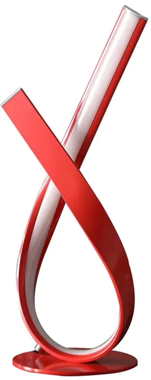 17 Inch Accent Table Lamp, Ribboned Bow, Round Base, LED Lighting, Red - Benzara