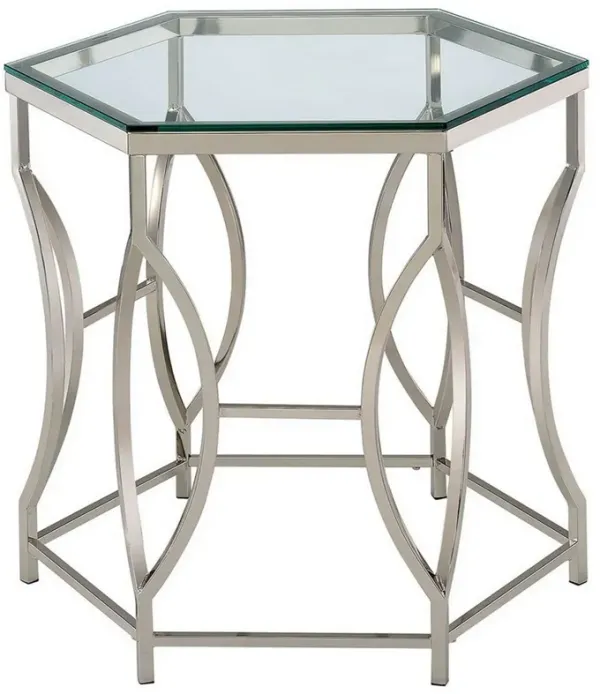 Slade 26 Inch Side End Table, Hexagonal Glass Top, Geometric Base, Chrome-Benzara