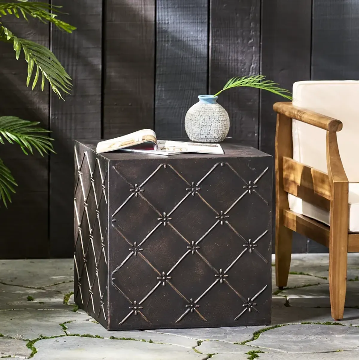 Diamond Patterned Concrete End Table for Modern Outdoor Living