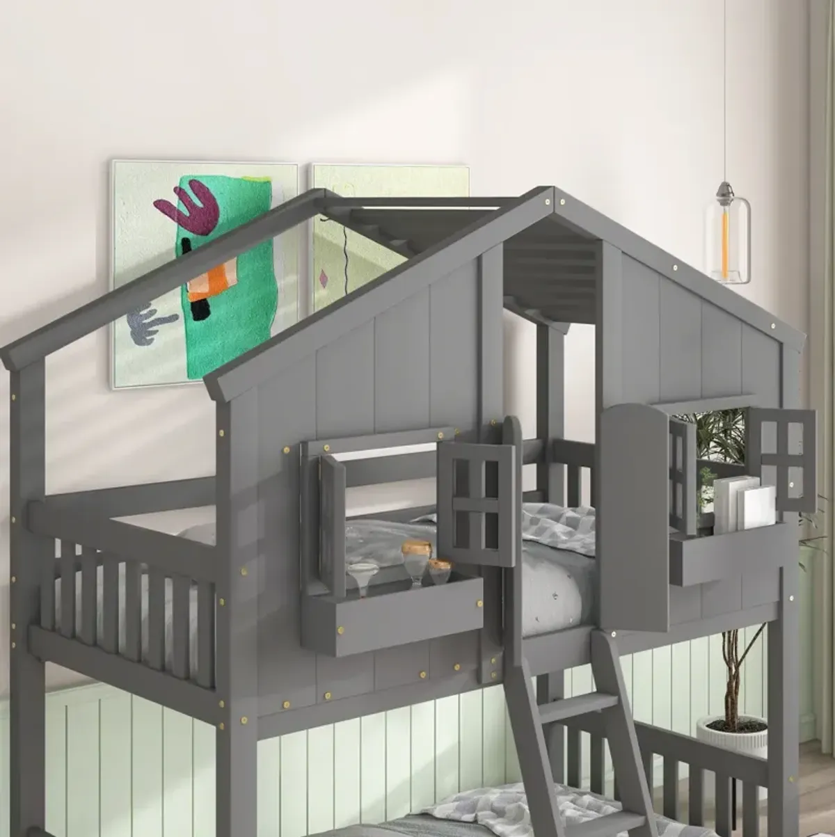 Twin Over Twin House Bunk Bed With Roof, Window, Window Box, Door, With Safety Guardrails