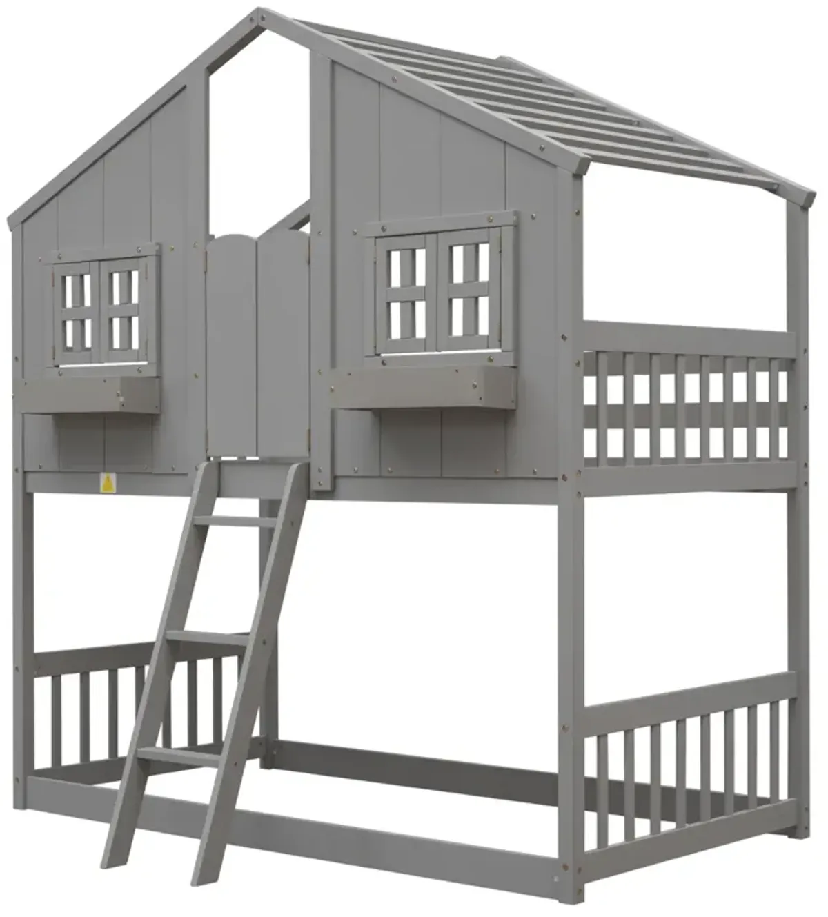 Twin Over Twin House Bunk Bed With Roof, Window, Window Box, Door, With Safety Guardrails