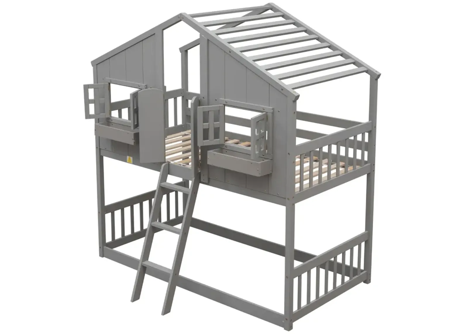 Twin Over Twin House Bunk Bed With Roof, Window, Window Box, Door, With Safety Guardrails