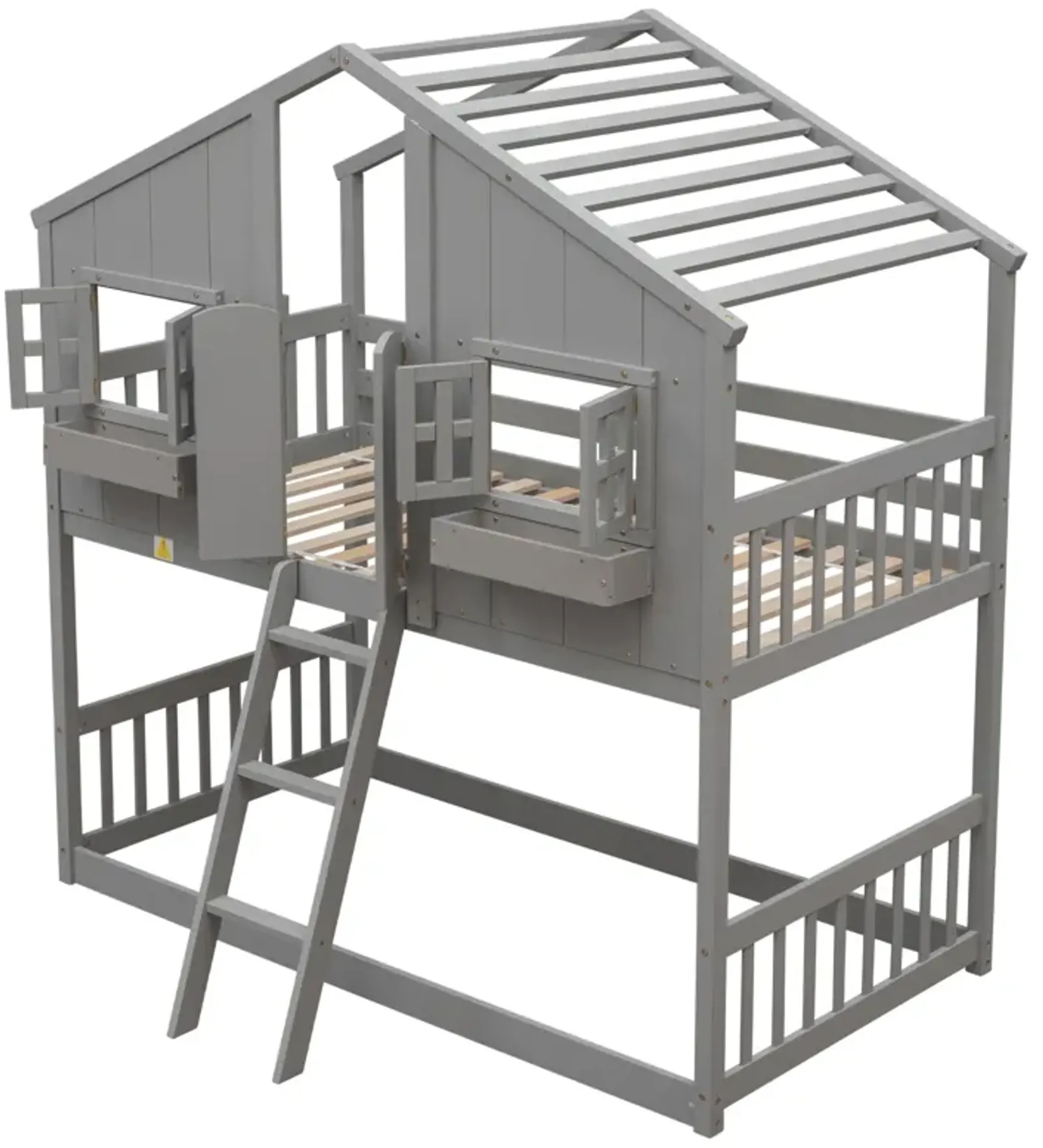 Twin Over Twin House Bunk Bed With Roof, Window, Window Box, Door, With Safety Guardrails