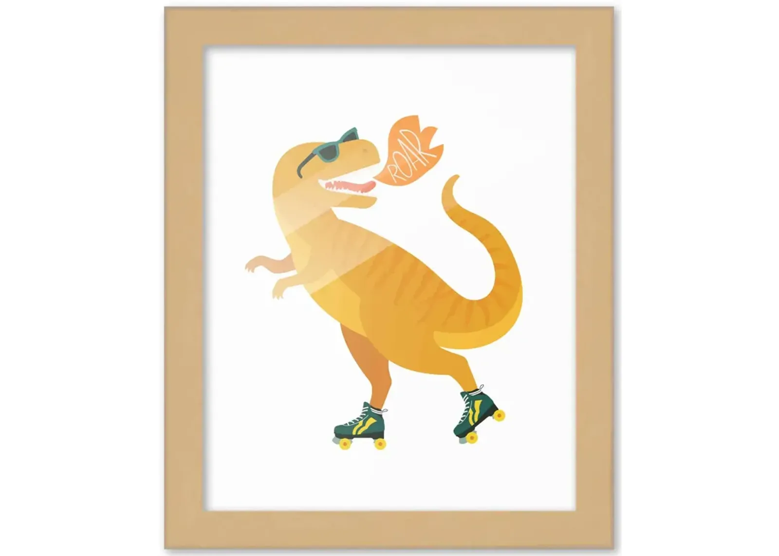 8x10 Framed Nursery Wall Art Dinosaur T-Rex Skating Poster in Black Wood Frame For Kid Bedroom or Playroom