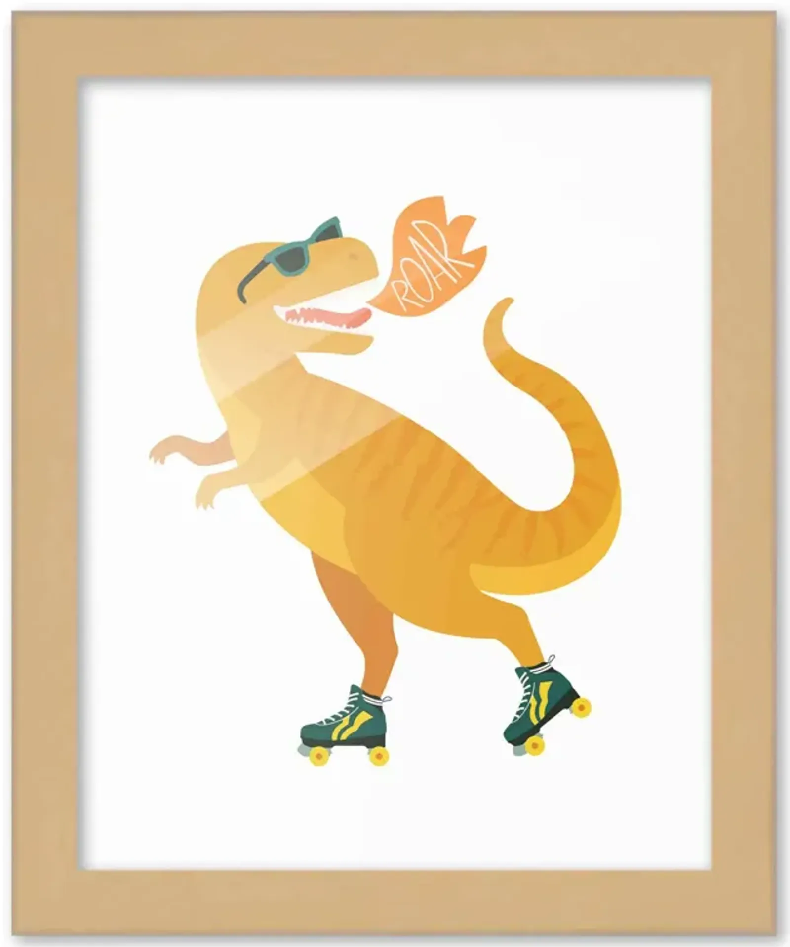 8x10 Framed Nursery Wall Art Dinosaur T-Rex Skating Poster in Black Wood Frame For Kid Bedroom or Playroom