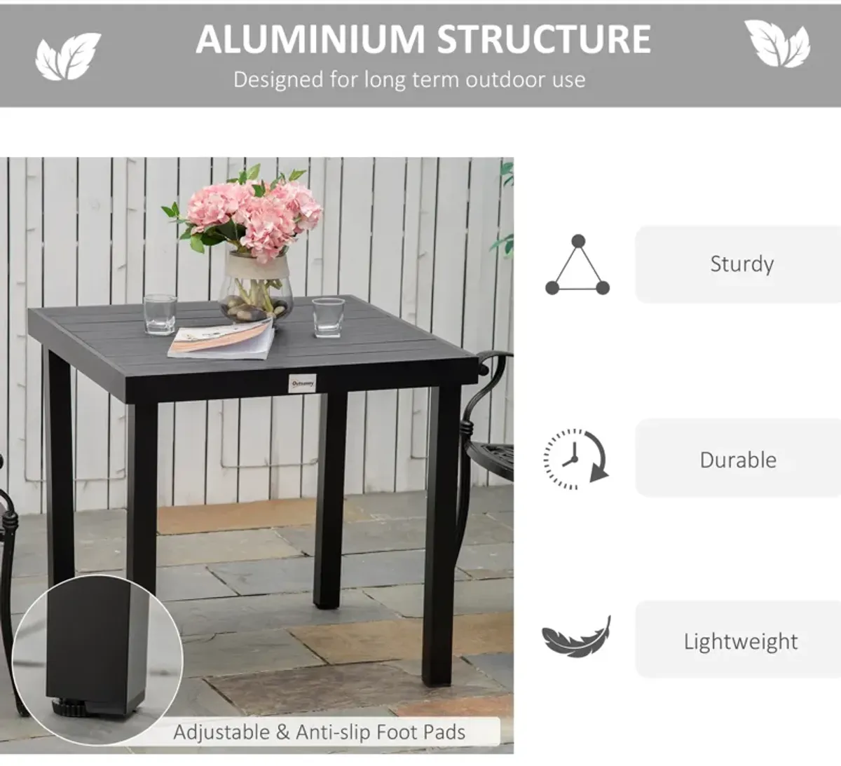 Black Garden Table: Rectangular Aluminum Patio Dining Table for 4