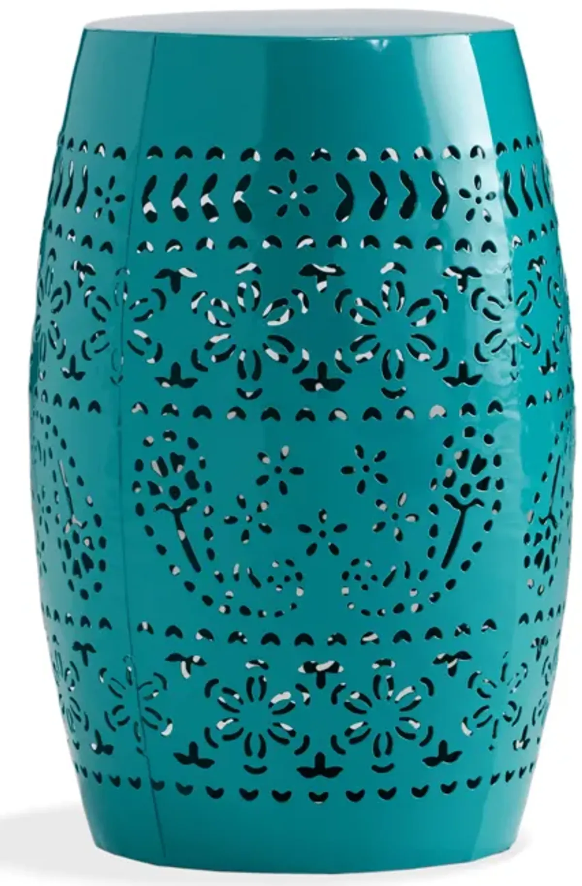 Outdoor Garden Stool Side Table, Lace-Cut 12 Inch Top, Teal Iron - Benzara