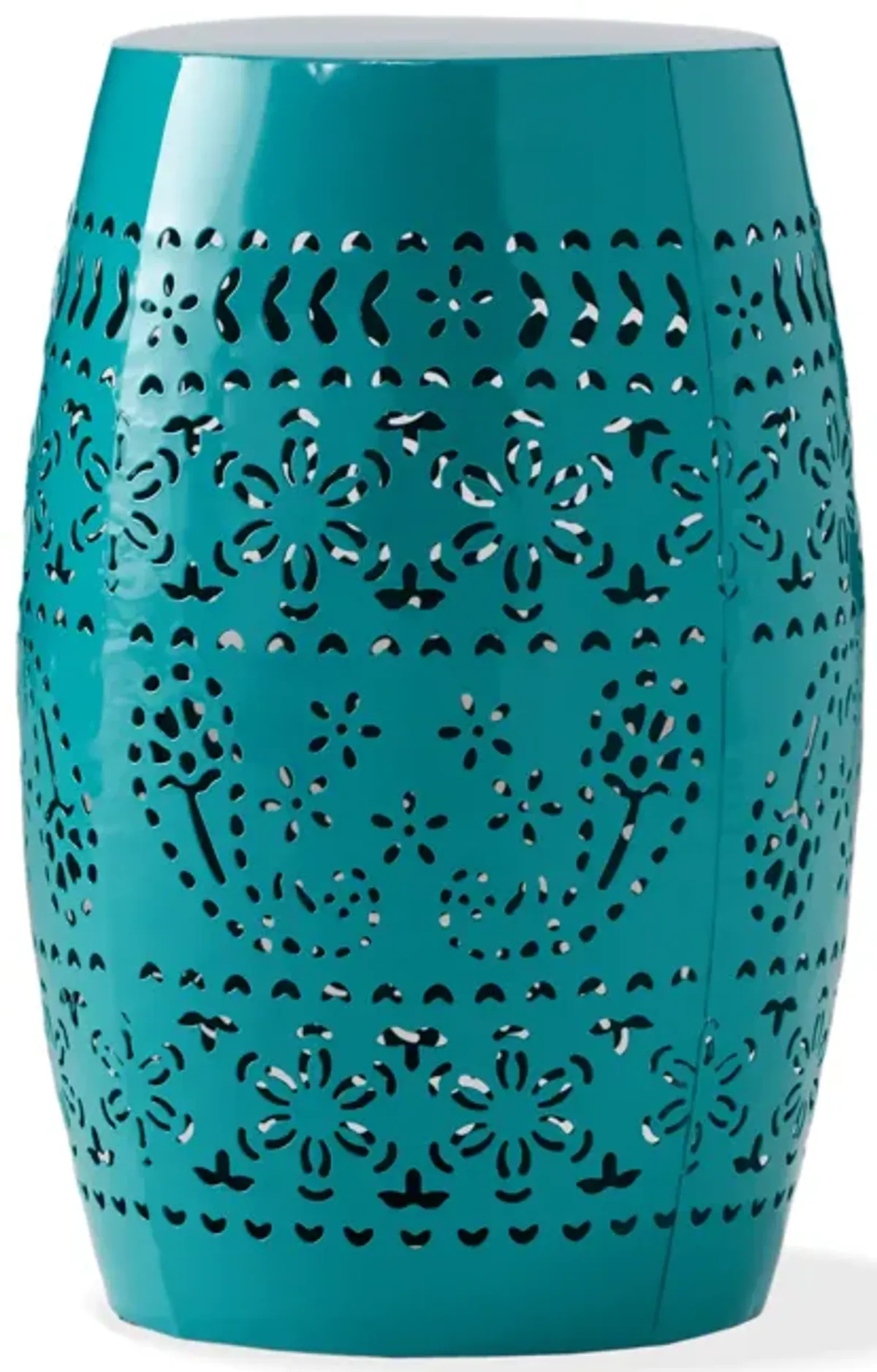 Outdoor Garden Stool Side Table, Lace-Cut 12 Inch Top, Teal Iron - Benzara