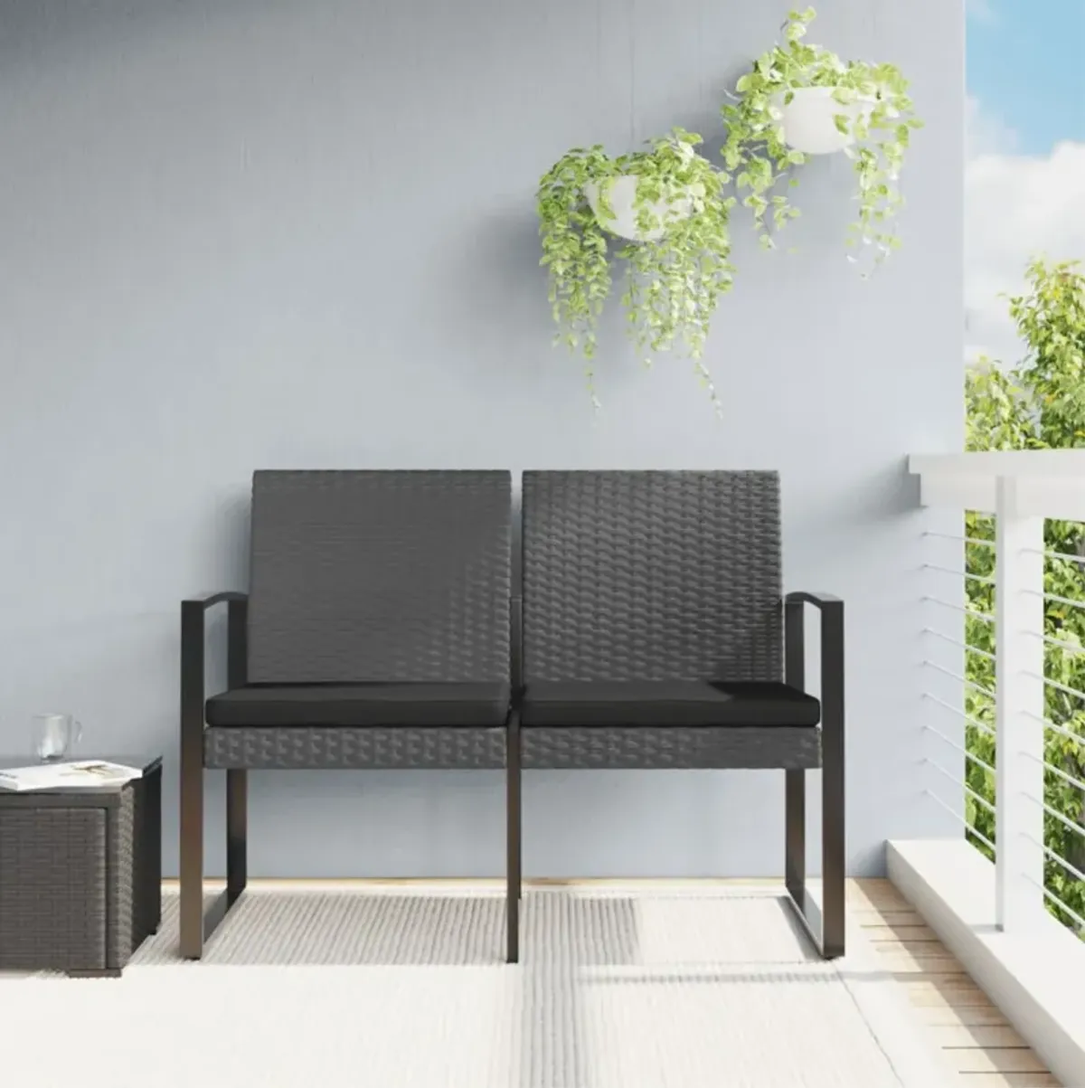 vidaXL 2-Seater Patio Garden Bench with Cushions, Dark Gray Polypropylene Rattan Look, Outdoor Seating, Sturdy Powder-Coated Steel Frame - Industrial Style